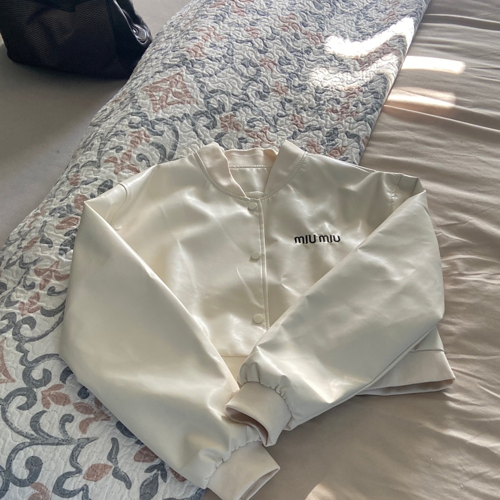 Cream Faux-Leather Bomber Jacket